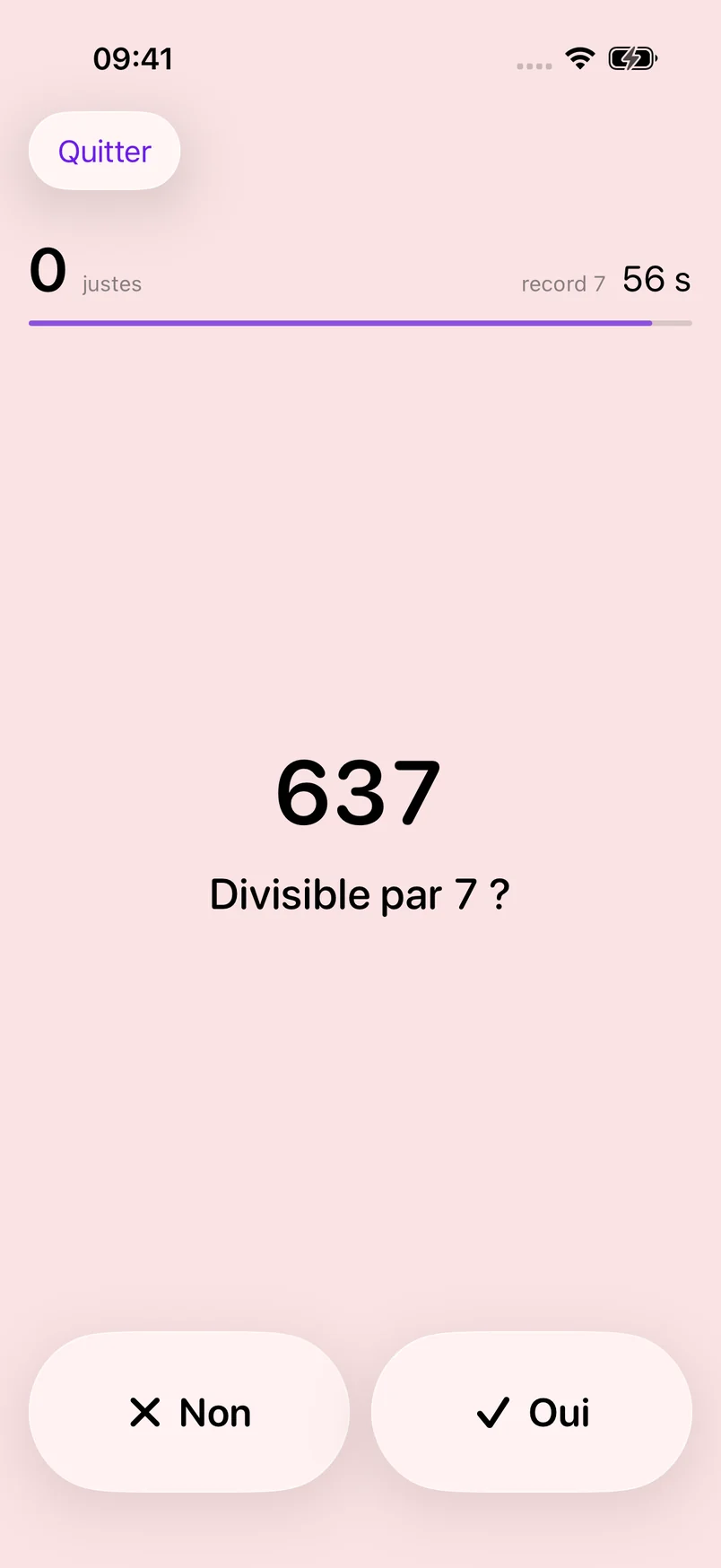 Une manche de Divisibilité : « 637, divisible par 7 ? », avec les boutons Non et Oui.