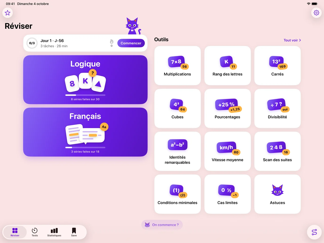 Happr sur iPad en paysage : Griffe, le Parcours du jour et les portes Logique et Français à gauche, les onze outils et les astuces à droite, les onglets en bas.