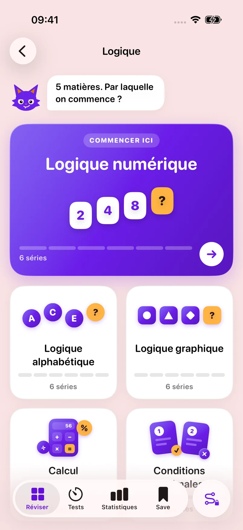 La page Logique : Griffe demande « 5 matières. Par laquelle on commence ? », puis les matières : Logique numérique, alphabétique, graphique, Calcul et Conditions minimales.