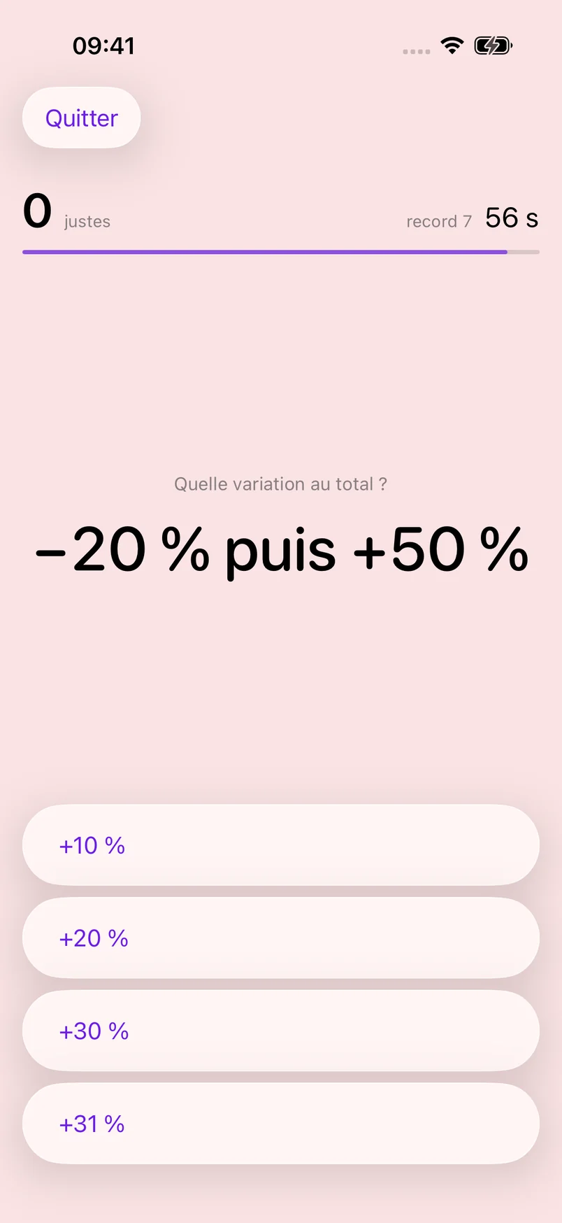 Une manche de Pourcentages : 56 secondes restantes, la question « −20 % puis +50 % : quelle variation au total ? » et quatre réponses au choix.